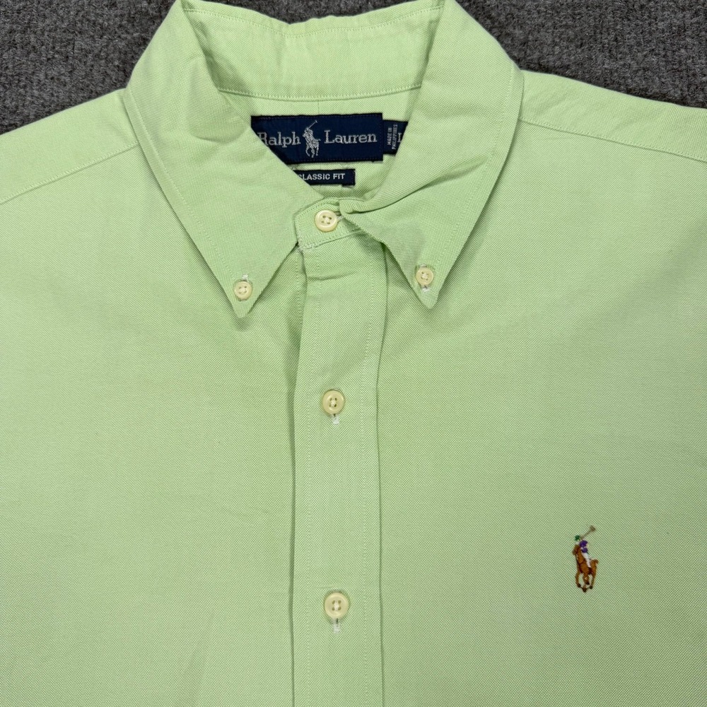 Ralph Lauren Mens Large Classic Fit Oxford Shirt Short Sleeve Lime Green #4174